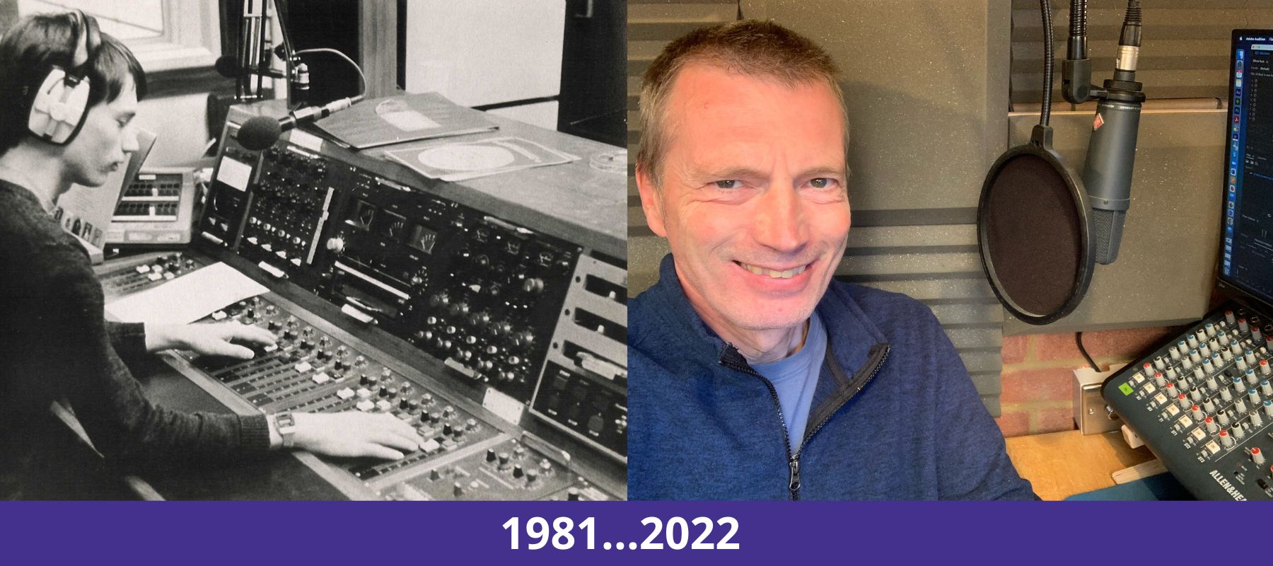 A split picture of Jonathan. The left side is a black & white photo from 1981 and the right side is a colour photo from 2022. Jonathan is at a sound desk in both pictures